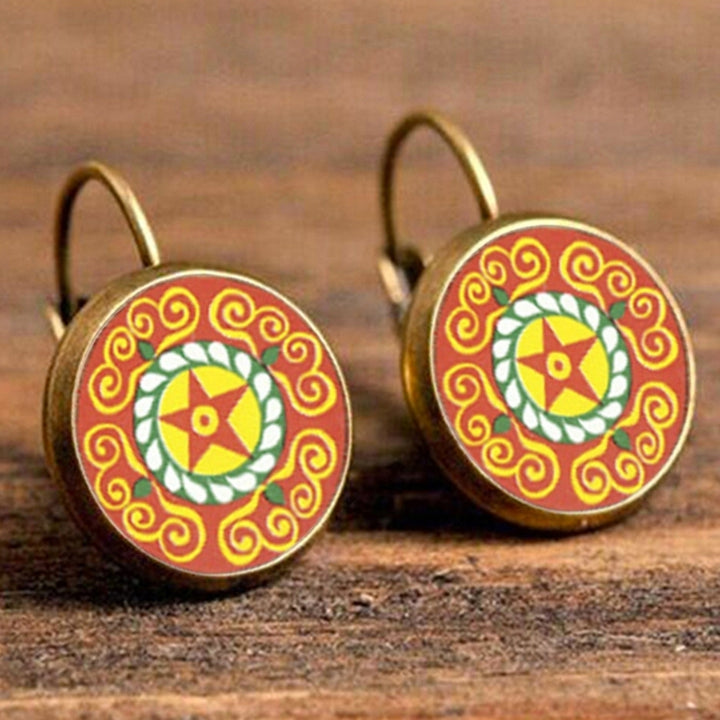 Multicolor Mandala Flower Circle Faux Gem Ear Studs Women Leaverback Earrings Image 6
