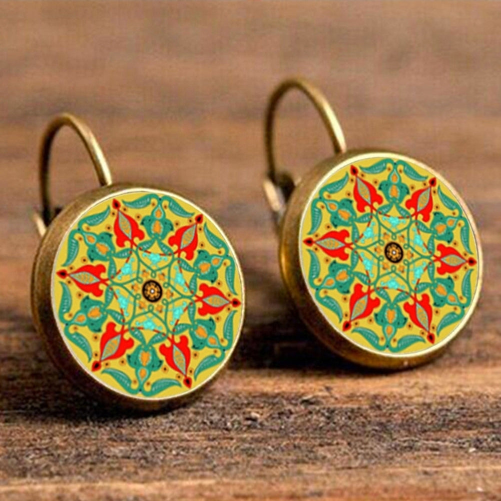 Multicolor Mandala Flower Circle Faux Gem Ear Studs Women Leaverback Earrings Image 7