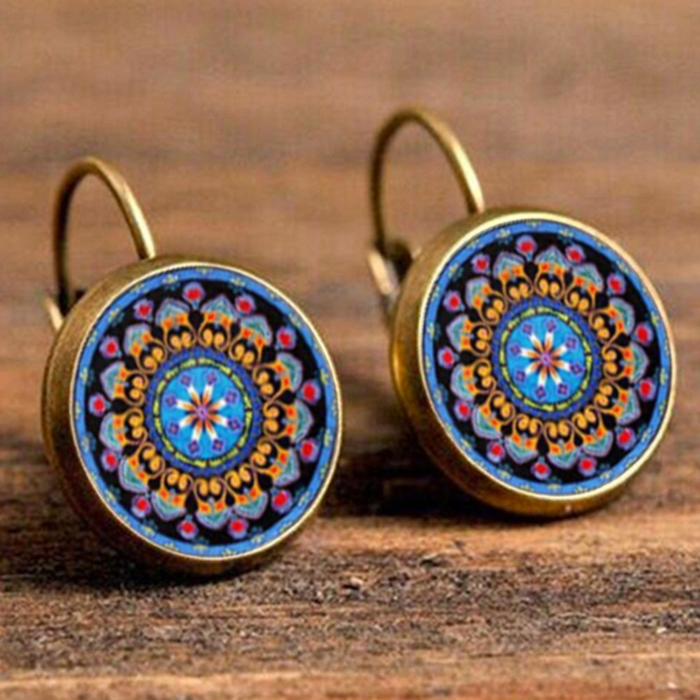 Multicolor Mandala Flower Circle Faux Gem Ear Studs Women Leaverback Earrings Image 8