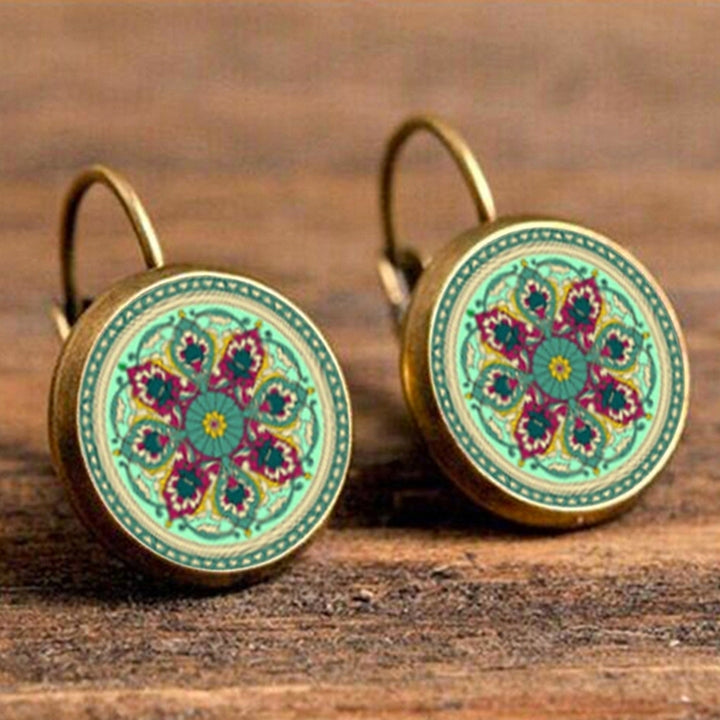 Multicolor Mandala Flower Circle Faux Gem Ear Studs Women Leaverback Earrings Image 9