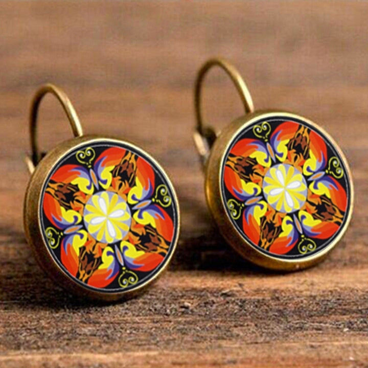 Multicolor Mandala Flower Circle Faux Gem Ear Studs Women Leaverback Earrings Image 11