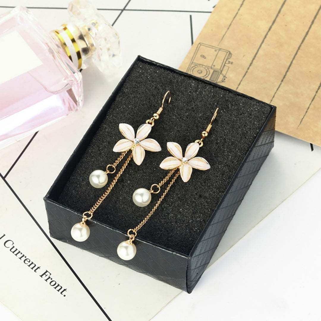 Earrings Flower Fake Pearl Pendant Elegant Alloy Long Chain Dangle Hook Earrings for Girl Image 1