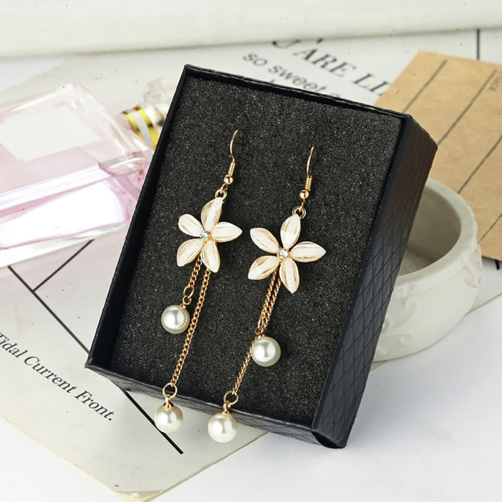 Earrings Flower Fake Pearl Pendant Elegant Alloy Long Chain Dangle Hook Earrings for Girl Image 2