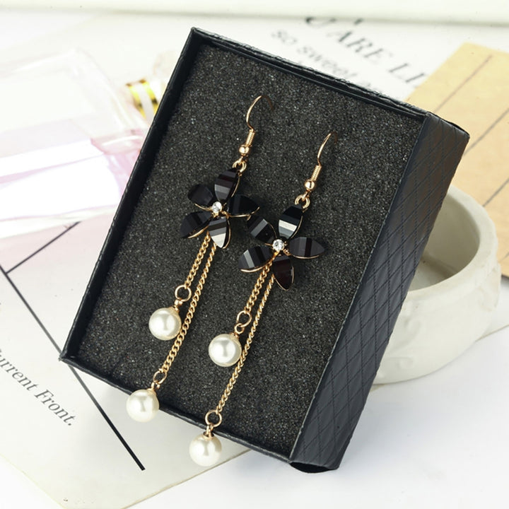 Earrings Flower Fake Pearl Pendant Elegant Alloy Long Chain Dangle Hook Earrings for Girl Image 3