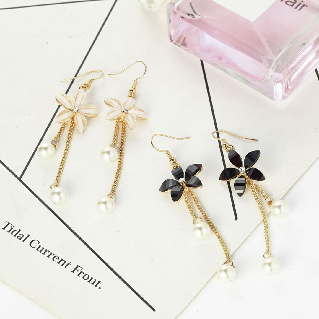 Earrings Flower Fake Pearl Pendant Elegant Alloy Long Chain Dangle Hook Earrings for Girl Image 4