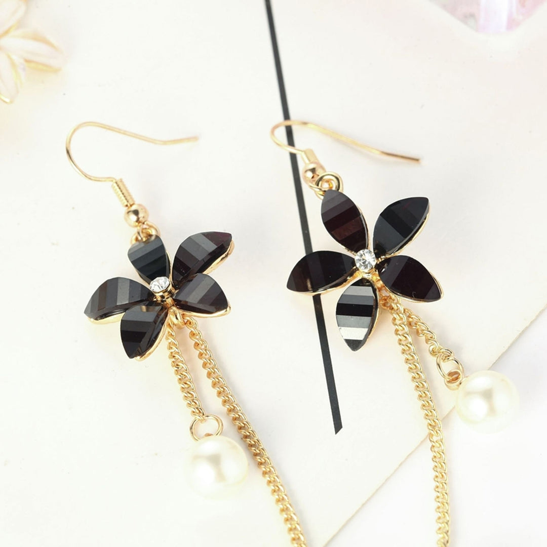 Earrings Flower Fake Pearl Pendant Elegant Alloy Long Chain Dangle Hook Earrings for Girl Image 6