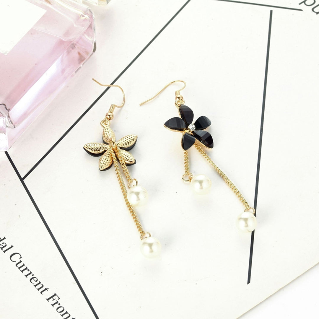 Earrings Flower Fake Pearl Pendant Elegant Alloy Long Chain Dangle Hook Earrings for Girl Image 7