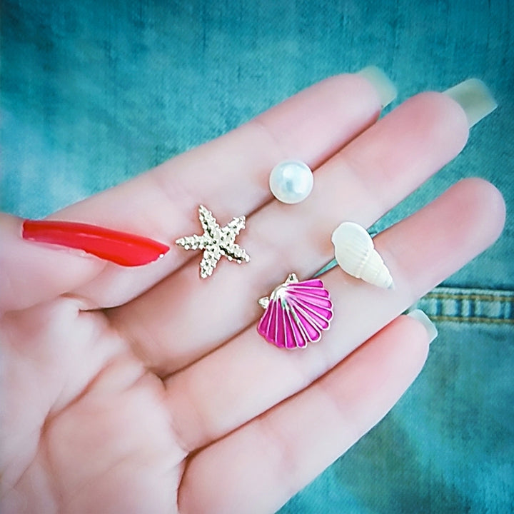 4Pcs Summer Beach Starfish Seashell Imitation Pearl Women Stud Earrings Gift Image 2