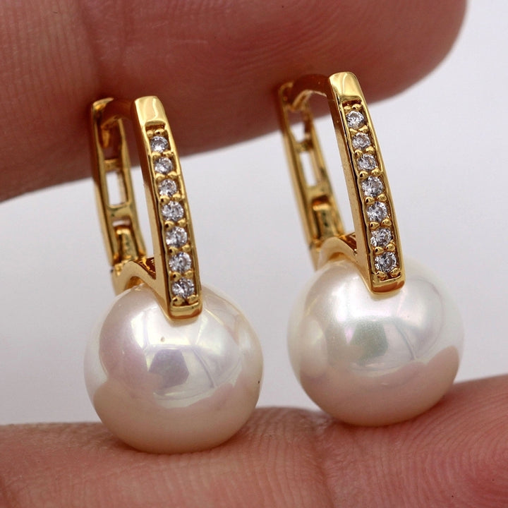 Women Fashion Faux Pearl Rhinestone Inlaid Leaverback Earrings Party Jewelry Image 1