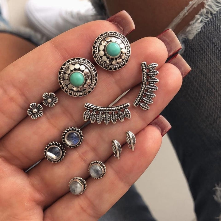 6Pairs Retro Round Feather Flower Bead Stud Earrings Women Boho Jewelry Gift Image 1
