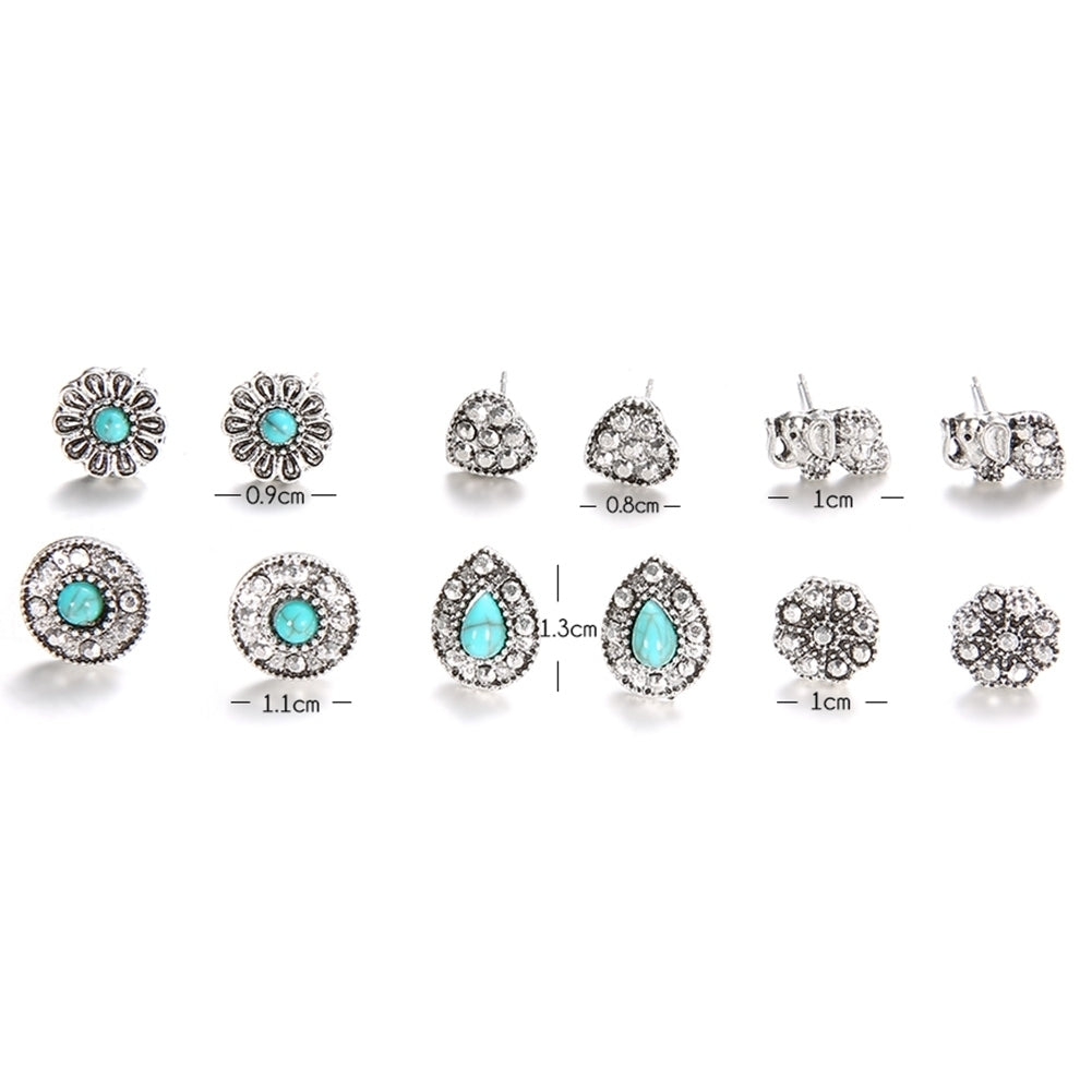 6Pairs Boho Elephant Love Heart Turquoise Stud Earrings Women Jewelry Gift Image 7