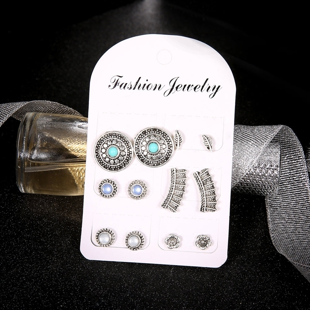 6Pairs Retro Round Feather Flower Bead Stud Earrings Women Boho Jewelry Gift Image 2