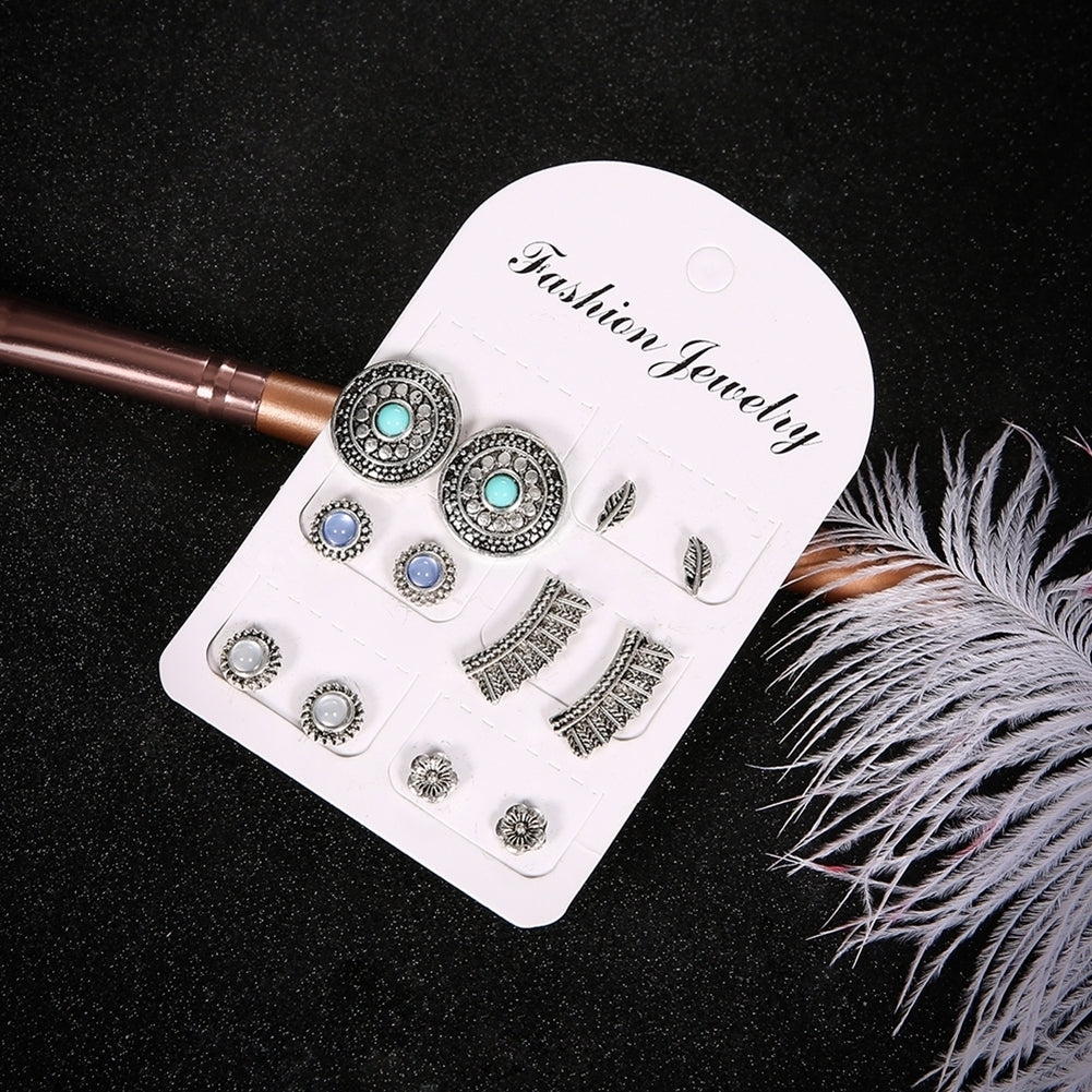 6Pairs Retro Round Feather Flower Bead Stud Earrings Women Boho Jewelry Gift Image 3