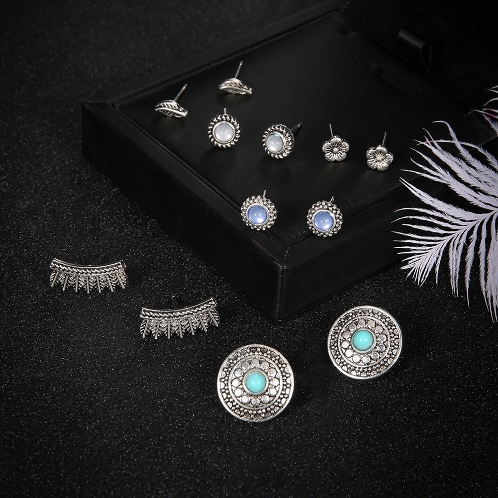 6Pairs Retro Round Feather Flower Bead Stud Earrings Women Boho Jewelry Gift Image 4