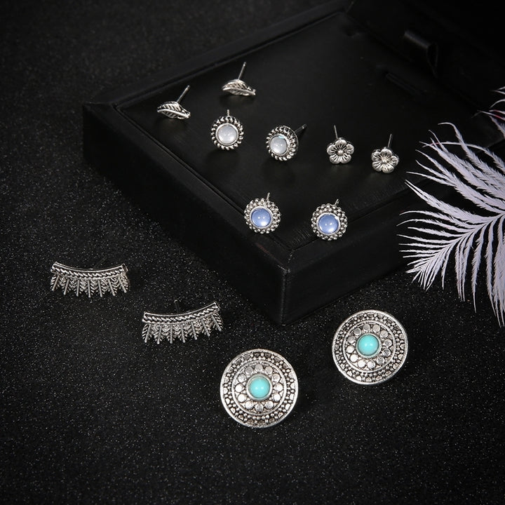6Pairs Retro Round Feather Flower Bead Stud Earrings Women Boho Jewelry Gift Image 4