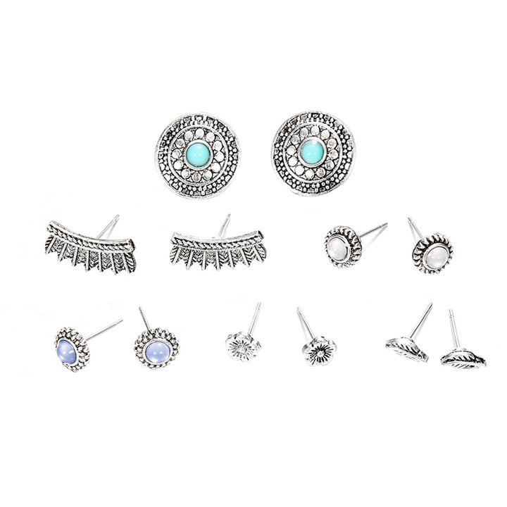 6Pairs Retro Round Feather Flower Bead Stud Earrings Women Boho Jewelry Gift Image 6