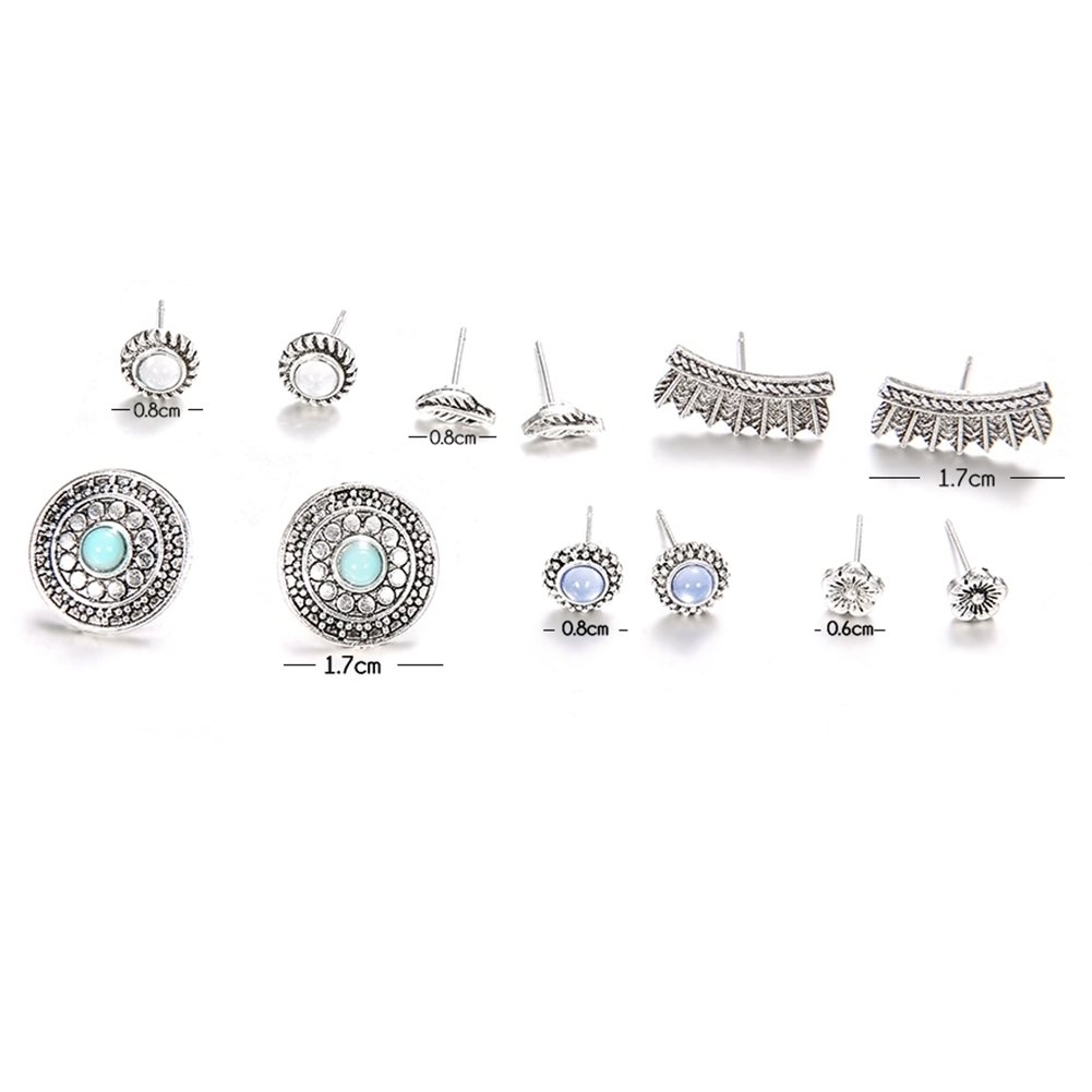 6Pairs Retro Round Feather Flower Bead Stud Earrings Women Boho Jewelry Gift Image 7