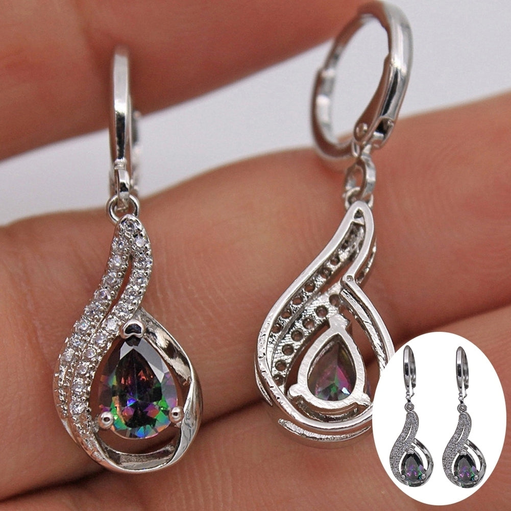 Fashion Women Faux Topaz Shiny Rhinestone Water Drop Leaverback Earrings Gift Image 2