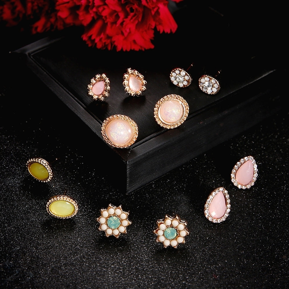 6Pair Water Drop Flower Rhinestone Inlaid Ear Stud Earrings Women Jewelry Set Image 2