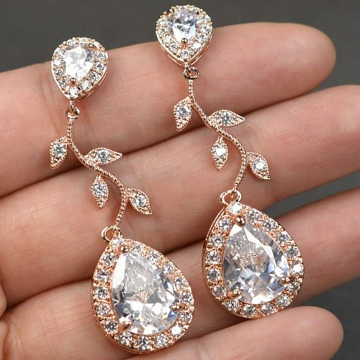 Fashion Women Cubic Zirconia Inlaid Leaf Water Drop Dangle Stud Earrings Jewelry Image 1