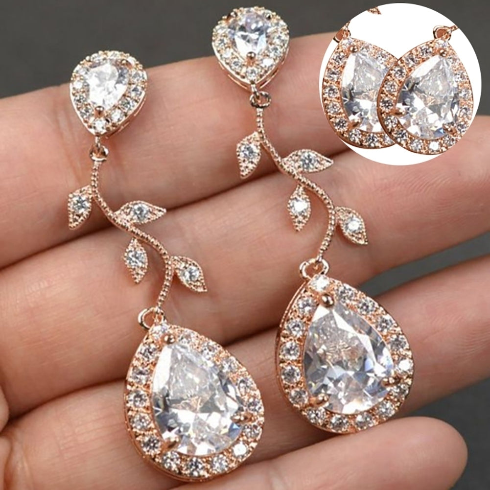 Fashion Women Cubic Zirconia Inlaid Leaf Water Drop Dangle Stud Earrings Jewelry Image 2