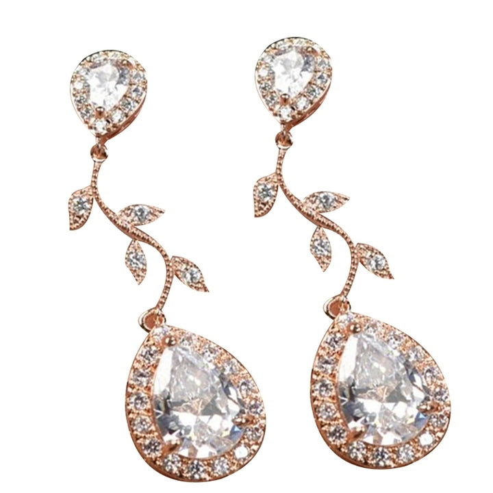 Fashion Women Cubic Zirconia Inlaid Leaf Water Drop Dangle Stud Earrings Jewelry Image 4