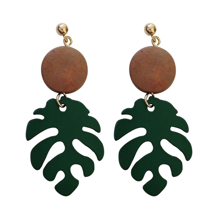 Bohemian Wooden Monstera Leaf Dangle Women Stud Earrings/Ear Clips Jewelry Gift Image 1