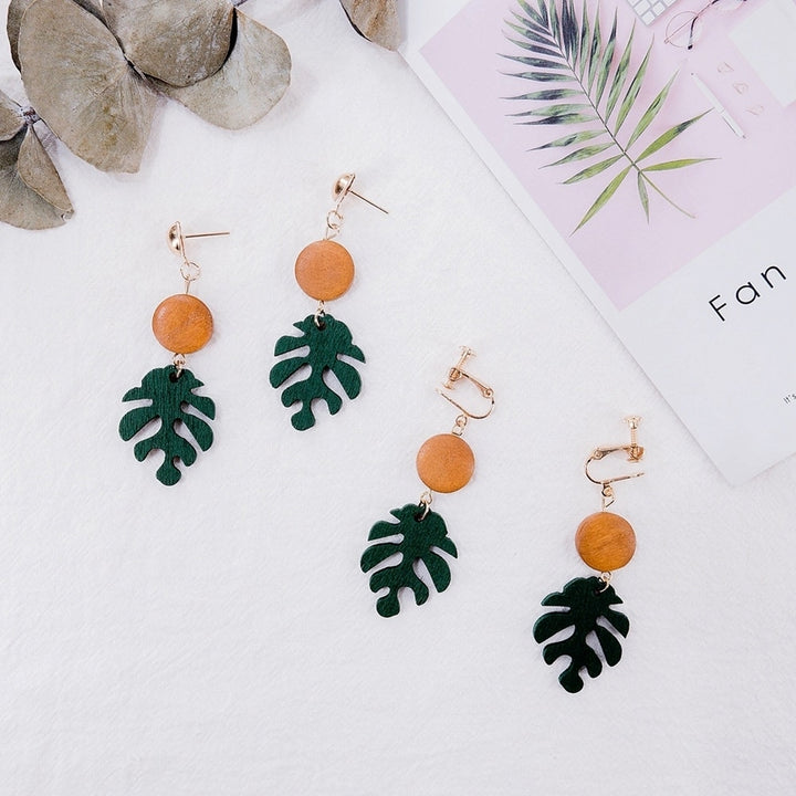 Bohemian Wooden Monstera Leaf Dangle Women Stud Earrings/Ear Clips Jewelry Gift Image 2