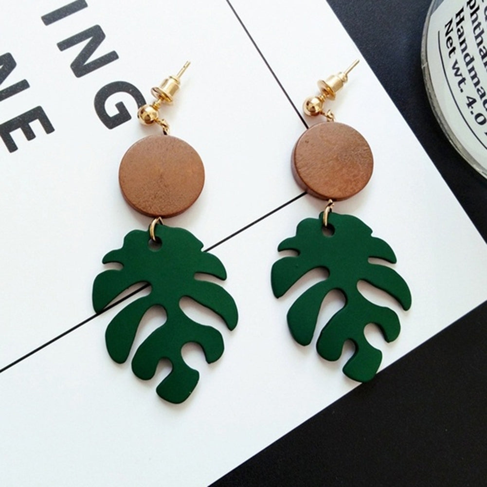 Bohemian Wooden Monstera Leaf Dangle Women Stud Earrings/Ear Clips Jewelry Gift Image 4