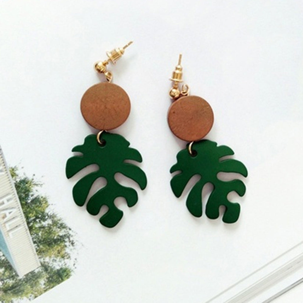 Bohemian Wooden Monstera Leaf Dangle Women Stud Earrings/Ear Clips Jewelry Gift Image 4