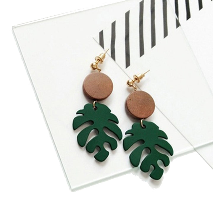 Bohemian Wooden Monstera Leaf Dangle Women Stud Earrings/Ear Clips Jewelry Gift Image 6