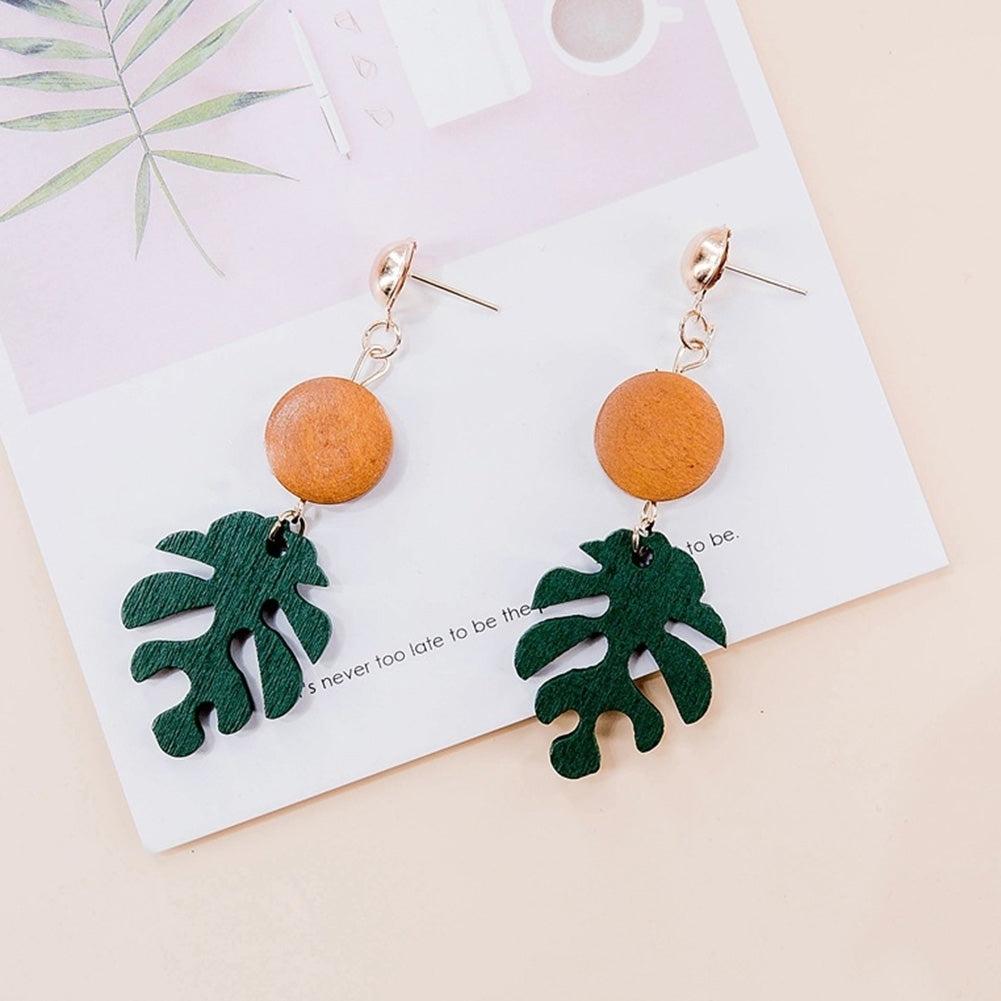 Bohemian Wooden Monstera Leaf Dangle Women Stud Earrings/Ear Clips Jewelry Gift Image 7