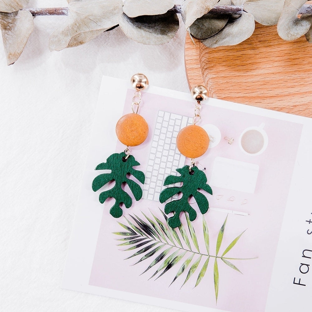 Bohemian Wooden Monstera Leaf Dangle Women Stud Earrings/Ear Clips Jewelry Gift Image 8