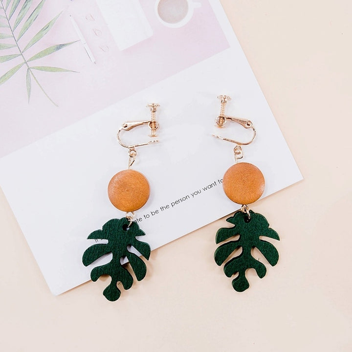 Bohemian Wooden Monstera Leaf Dangle Women Stud Earrings/Ear Clips Jewelry Gift Image 9