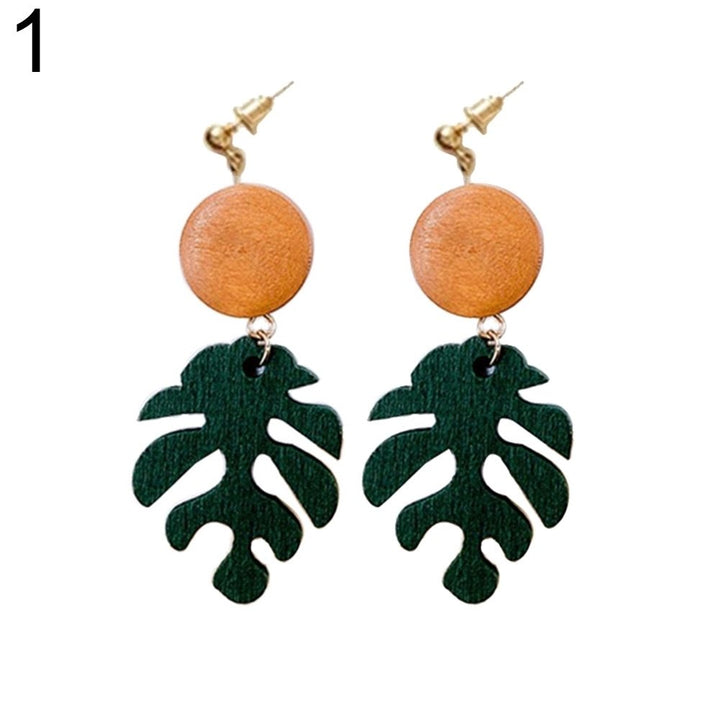 Bohemian Wooden Monstera Leaf Dangle Women Stud Earrings/Ear Clips Jewelry Gift Image 1