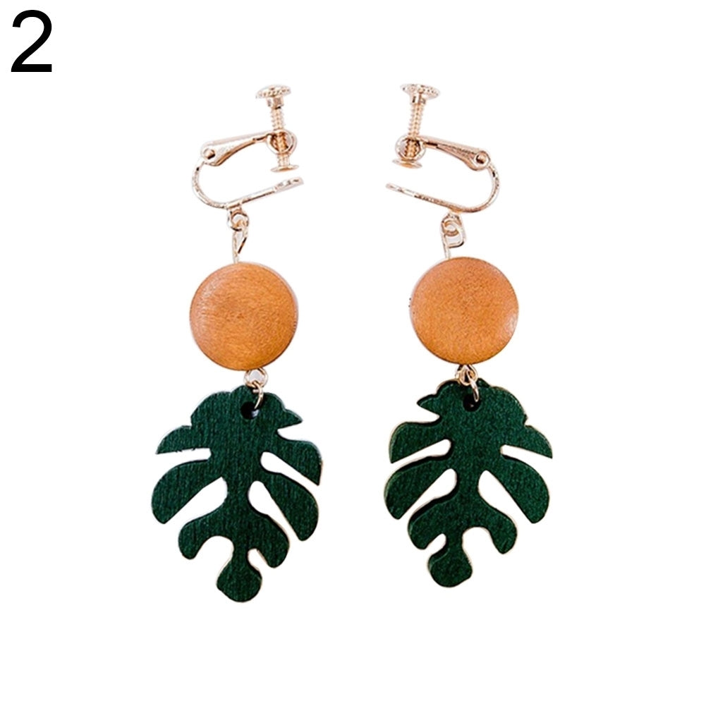 Bohemian Wooden Monstera Leaf Dangle Women Stud Earrings/Ear Clips Jewelry Gift Image 12