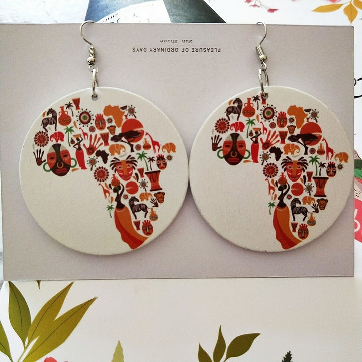 Colorful Women Wooden African Map Hook Earrings Round Pendant Jewelry Charm Image 3