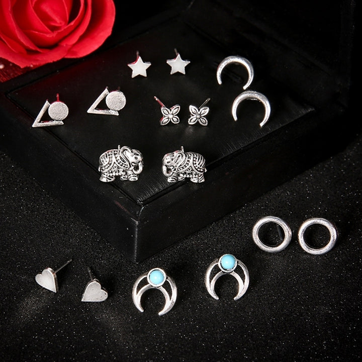 8 Pairs Women Boho Geometric Heart Star Moon Faux Turquoise Ear Studs Earrings Image 2