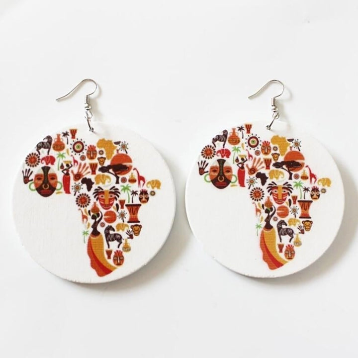 Colorful Women Wooden African Map Hook Earrings Round Pendant Jewelry Charm Image 6