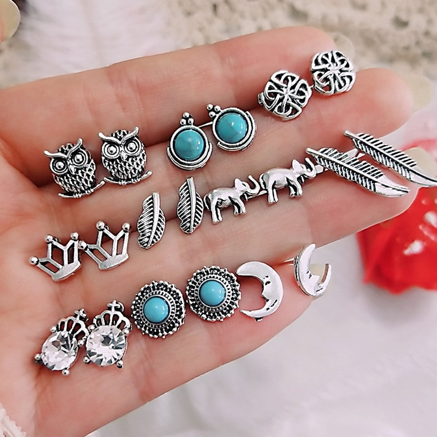 10 Pairs Women Rhinestone Crown Elephant Owl Leaf Ear Studs Earrings Jewelry Image 1