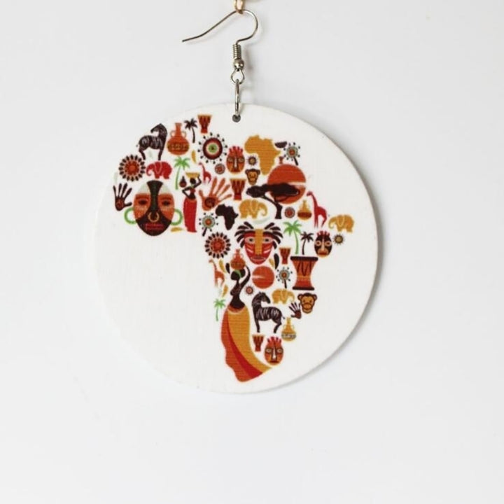 Colorful Women Wooden African Map Hook Earrings Round Pendant Jewelry Charm Image 7
