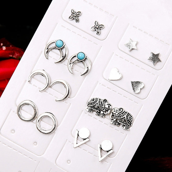 8 Pairs Women Boho Geometric Heart Star Moon Faux Turquoise Ear Studs Earrings Image 4