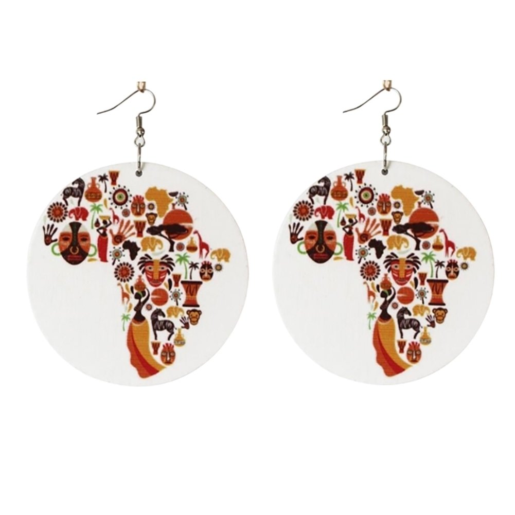 Colorful Women Wooden African Map Hook Earrings Round Pendant Jewelry Charm Image 8