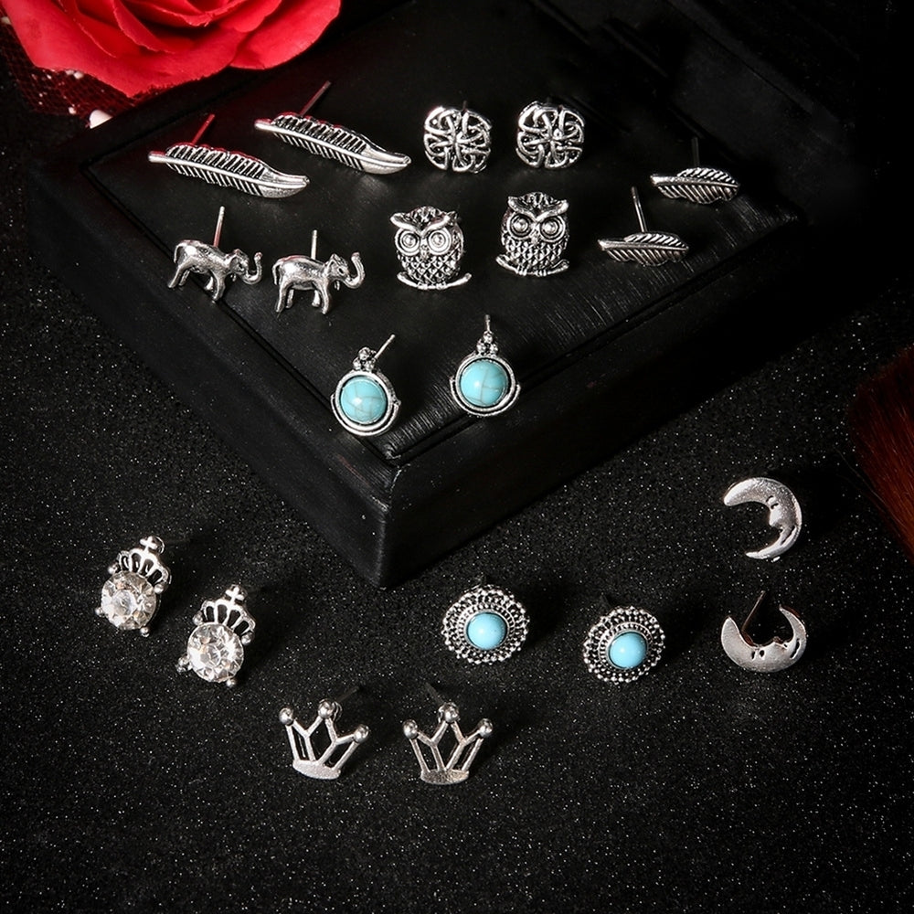 10 Pairs Women Rhinestone Crown Elephant Owl Leaf Ear Studs Earrings Jewelry Image 2