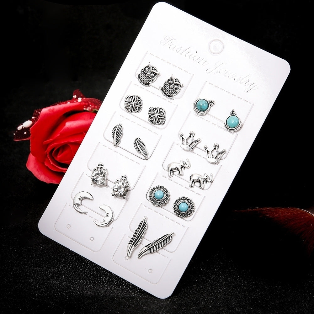 10 Pairs Women Rhinestone Crown Elephant Owl Leaf Ear Studs Earrings Jewelry Image 3