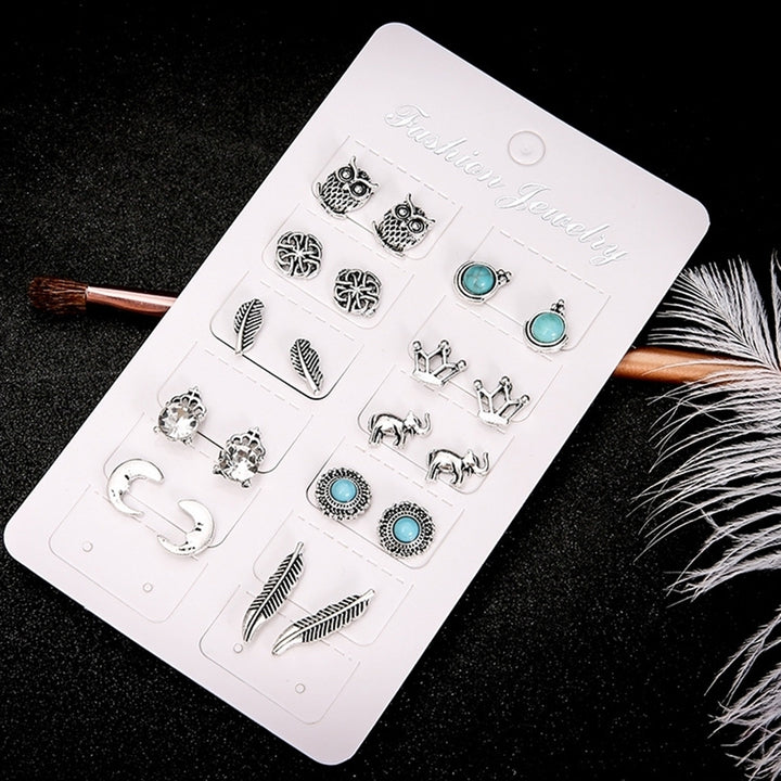 10 Pairs Women Rhinestone Crown Elephant Owl Leaf Ear Studs Earrings Jewelry Image 4