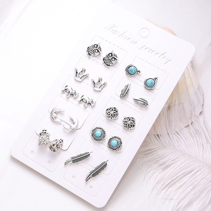 10 Pairs Women Rhinestone Crown Elephant Owl Leaf Ear Studs Earrings Jewelry Image 4