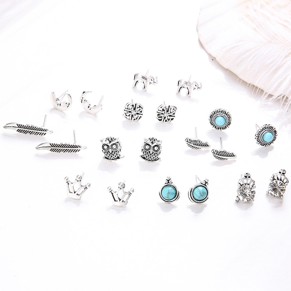 10 Pairs Women Rhinestone Crown Elephant Owl Leaf Ear Studs Earrings Jewelry Image 6