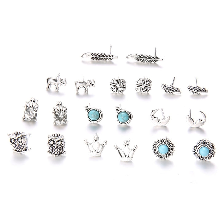 10 Pairs Women Rhinestone Crown Elephant Owl Leaf Ear Studs Earrings Jewelry Image 7