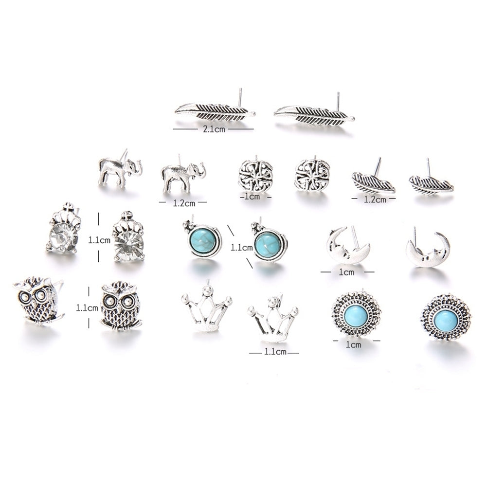 10 Pairs Women Rhinestone Crown Elephant Owl Leaf Ear Studs Earrings Jewelry Image 8